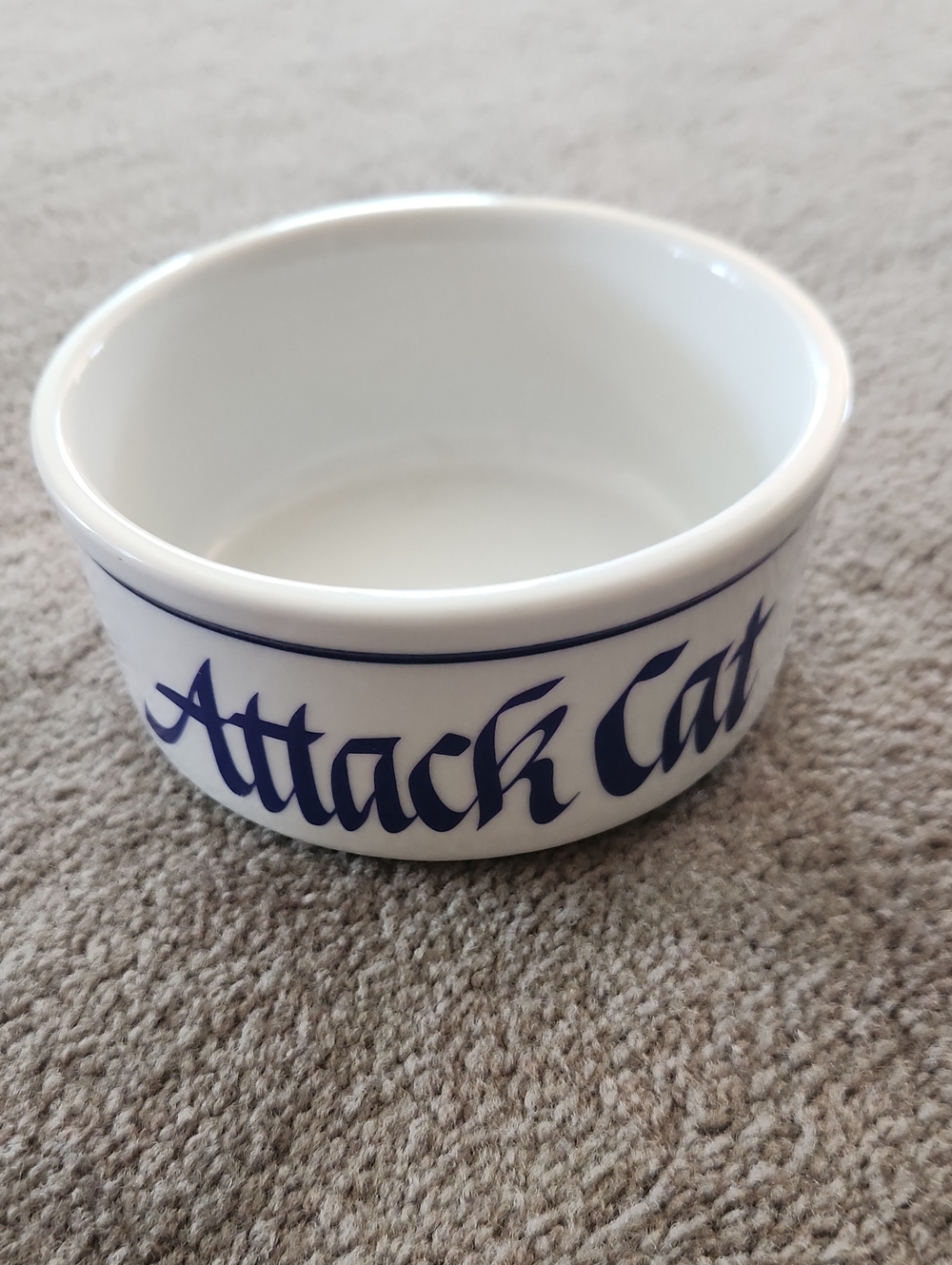White Ceramic Cat Bowl - Blue Lettering
